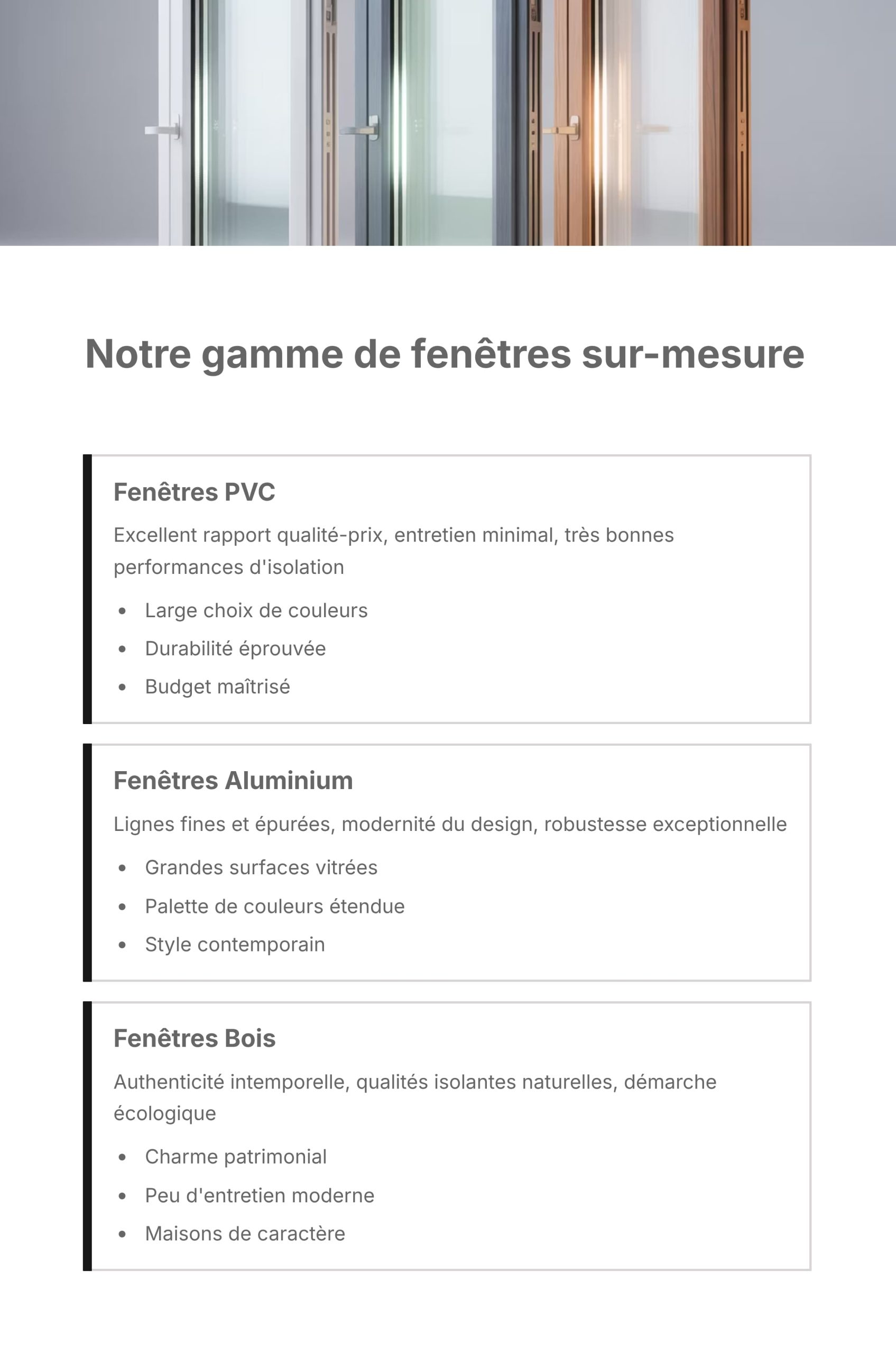 Gamme de fenêtres sur-mesure en PVC, alu et bois