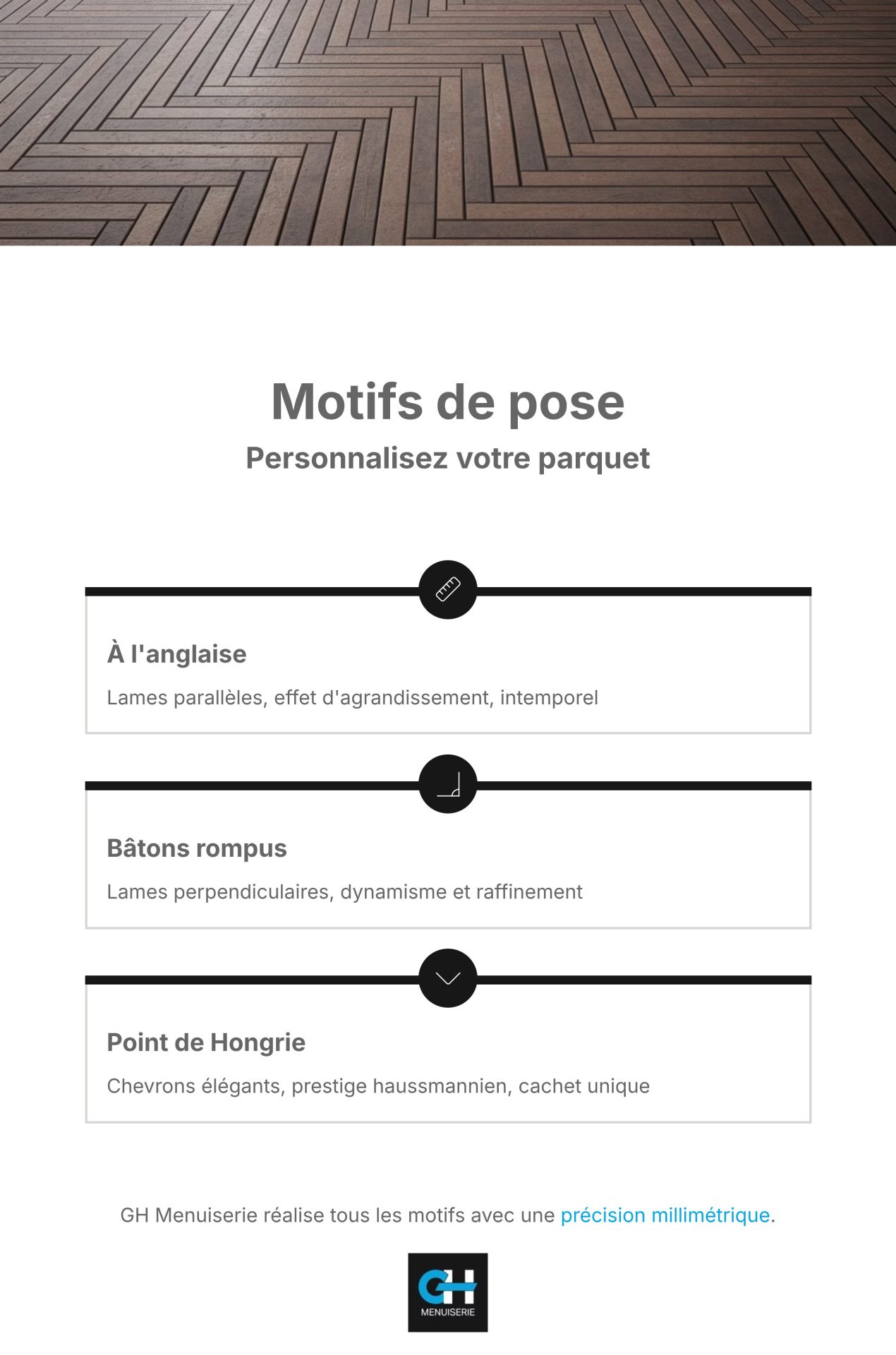 Exemples de motifs de pose de parquet : à l'anglaise, à bâtons rompus et point de Hongrie
