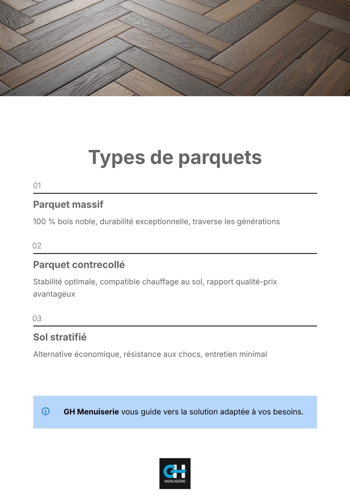Présentation des différents types de parquets : massif, contrecollé et stratifié