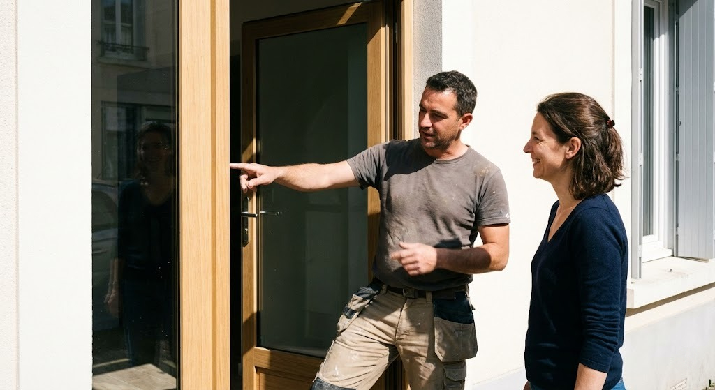 Artisan menuisier posant une porte à Lyon
