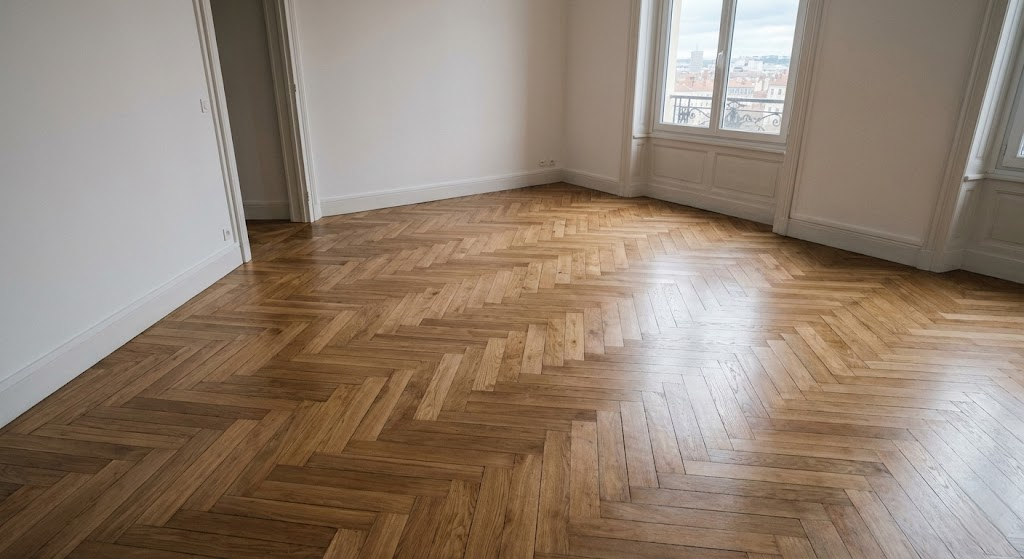 Parquet en chêne posé à bâtons rompus dans un intérieur lyonnais