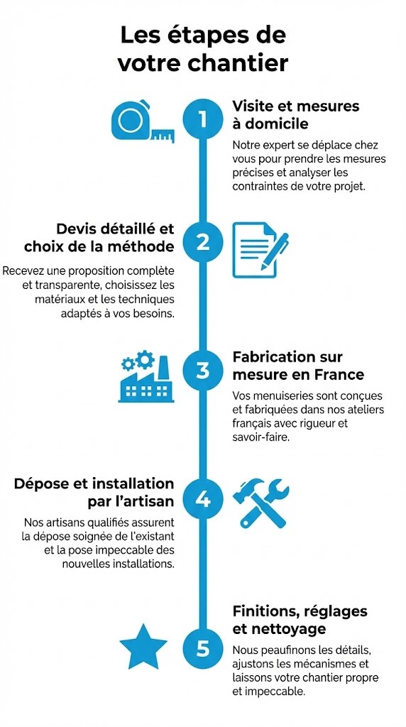Infographie des étapes d'un chantier de rénovation de menuiseries par GH&nbsp;Menuiserie