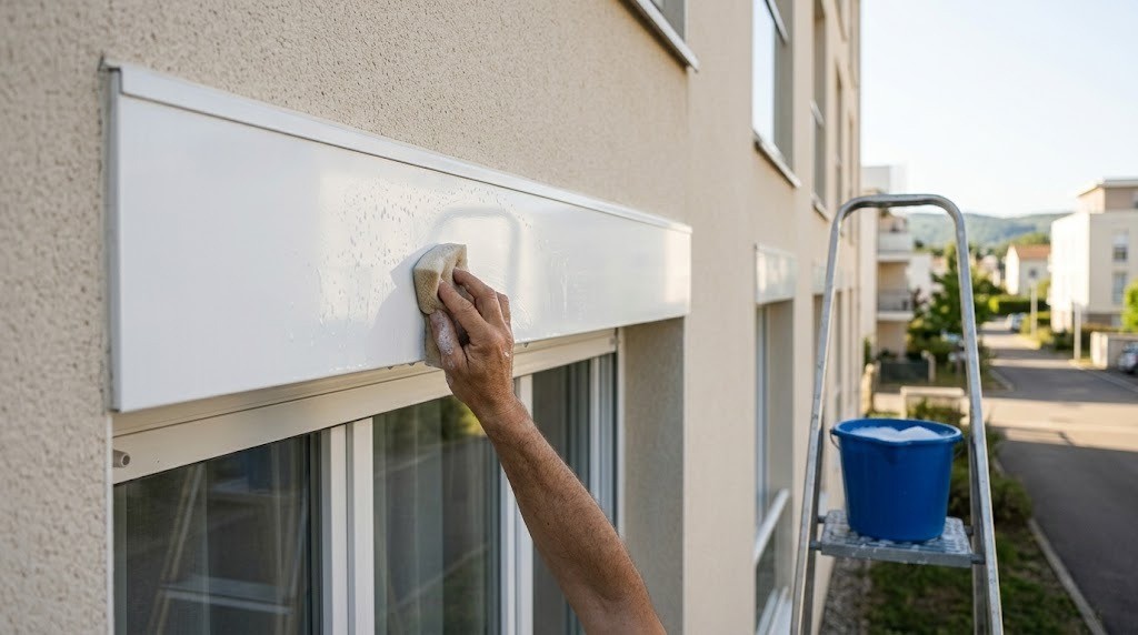 Artisan menuisier posant un lambrequin en aluminium sur mesure