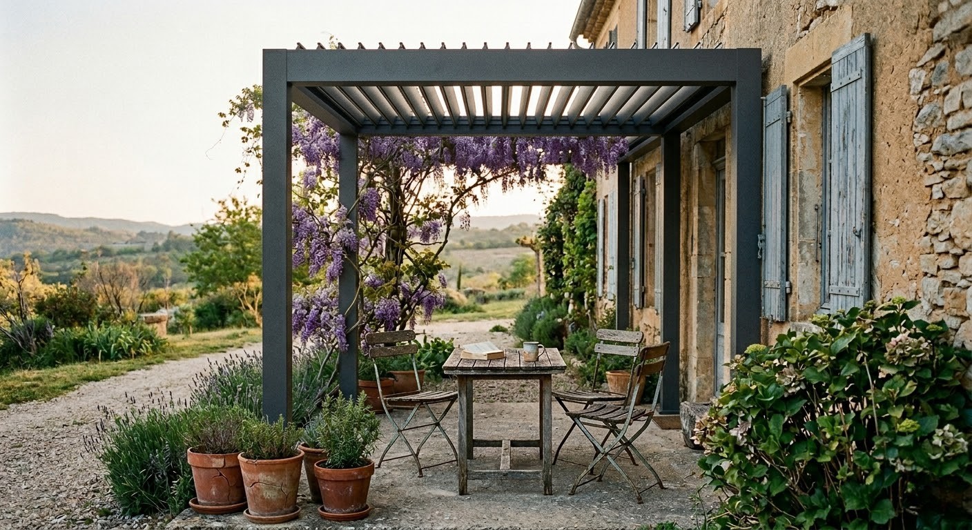 Pergola bioclimatique install&eacute;e sur une maison rustique &agrave; Craponne