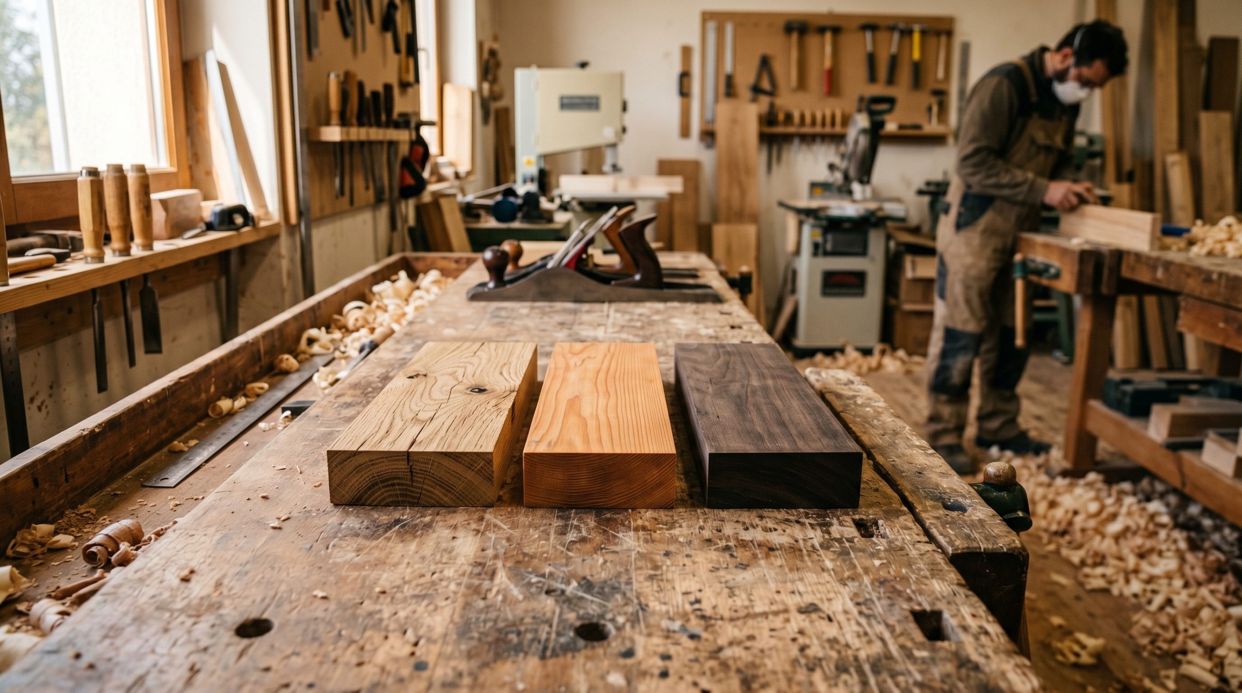 Échantillons d'essences de bois (chêne, mélèze, bois exotique) sur un plan de travail d'atelier de menuiserie