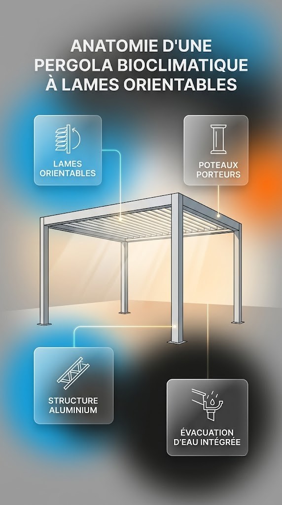 Schéma d'une pergola bioclimatique sur mesure à lames orientables en aluminium