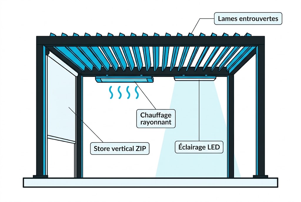 Équipements d'une pergola bioclimatique en hiver, store vertical ZIP, chauffage rayonnant et éclairage LED intégré
