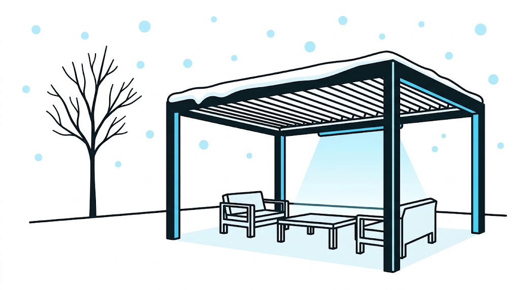 Pergola bioclimatique à lames fermées sous une fine couche de neige sur une terrasse de l'Ouest Lyonnais