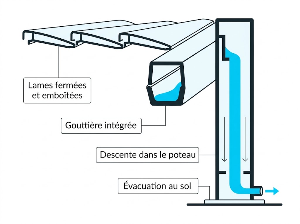 Coupe d'une pergola bioclimatique en hiver, lames emboîtées, gouttière intégrée et évacuation par le poteau
